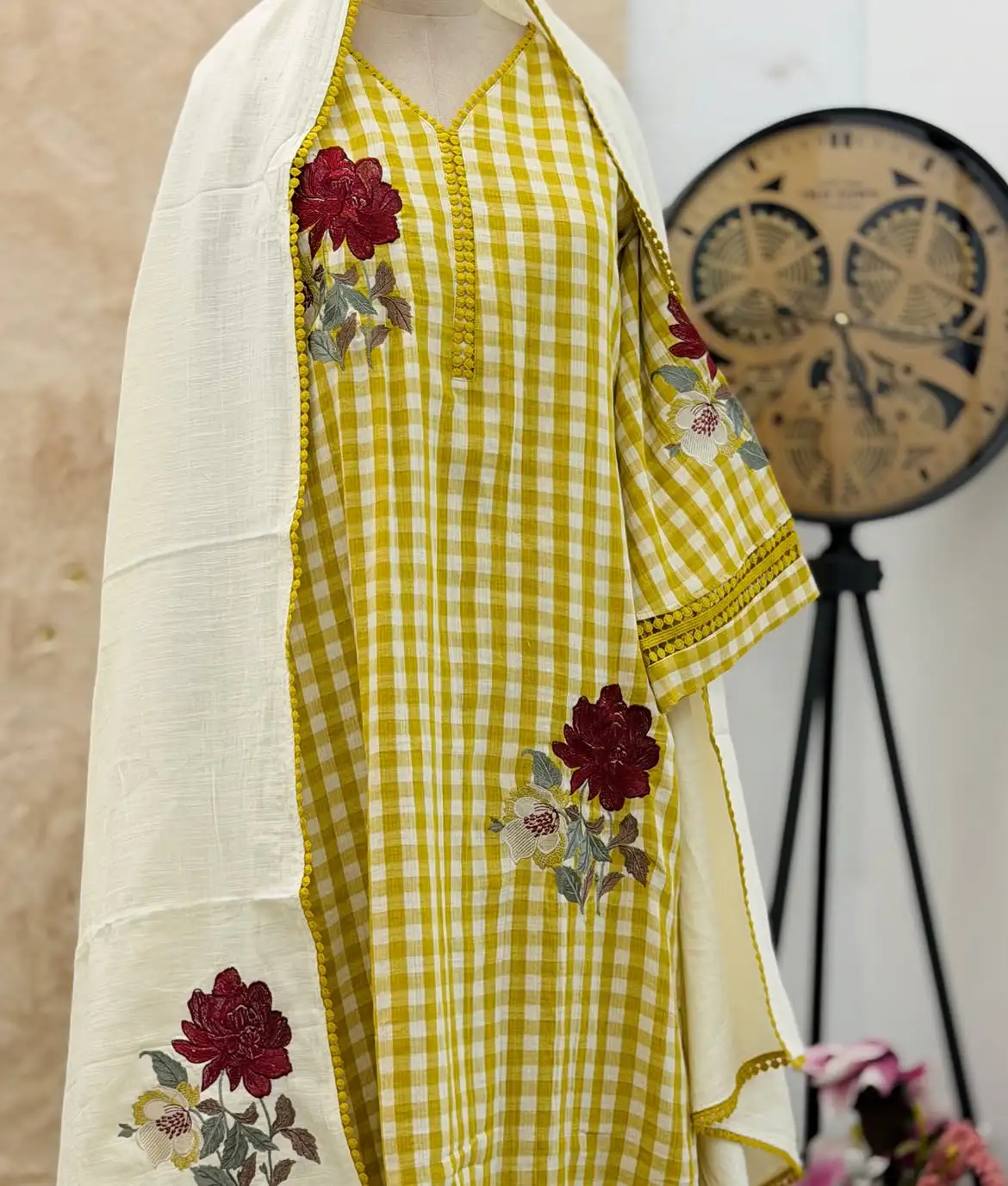 🌸 Marigold Check Charm kurti set