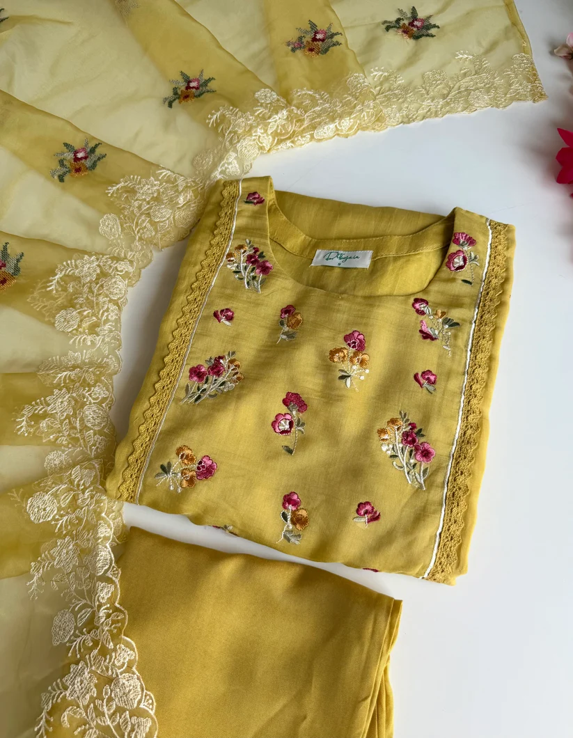 🌼 Golden Bloom — a cute, elegant name for this mustard-yellow floral suit.