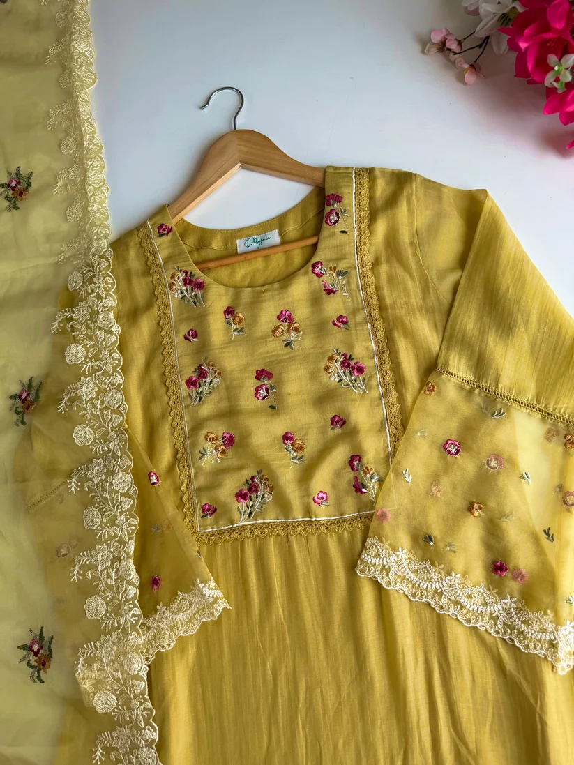 🌼 Golden Bloom — a cute, elegant name for this mustard-yellow floral suit.